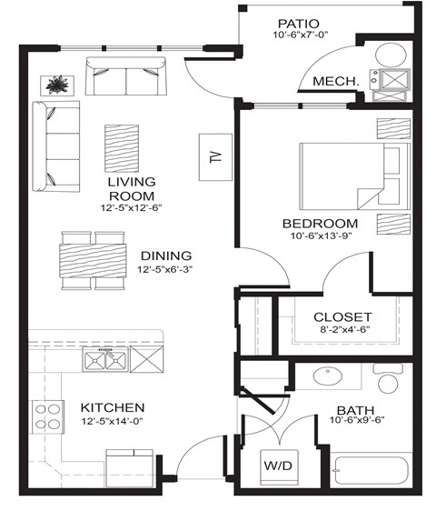 Floor plan for 1 bed, 1 bath, 706 sqft